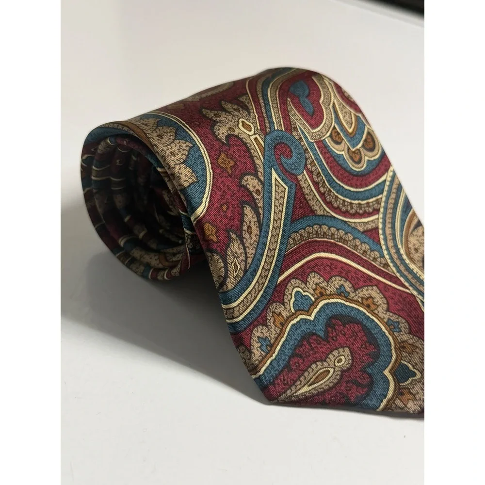 VTG Silk Accents Necktie Burgundy Blue Gold Paisley Formal Wedding Mens One Size